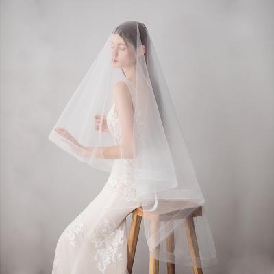 China Ribbon Edge V609 Classic Two Layers Soft Elastic Tulle Netting Fabric Cathedral Wedding Veils For Bridal With Comb Bride To Be Veil for sale