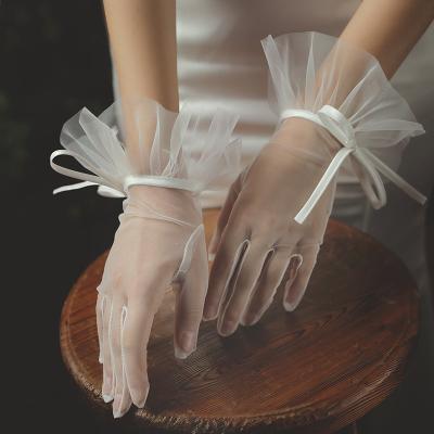 China Wrist Length WG020 Elegant Bridal Short Gloves Tulle Satin Ribbon Bow Finger Breathable Gloves For Wedding Travel Studio Photo Perform Daily for sale