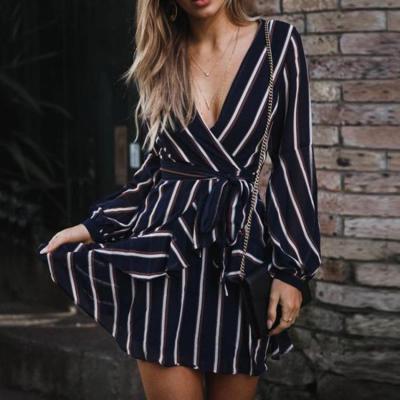 China Anti-Static Dress Women Fashion Lantern Sleeve Casual V-Neck Striped Dress Casual Ruffle Mini Party Dress Women for sale