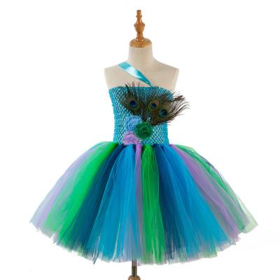 China Anti-wrinkle One-shoulder puffy ballet skirt girls dress feather peacock flower mesh tutu skirt children's border skirt for sale