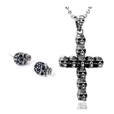 China Skull Punk Cross Enamel Style Pendant Necklace And Earring Sets for sale