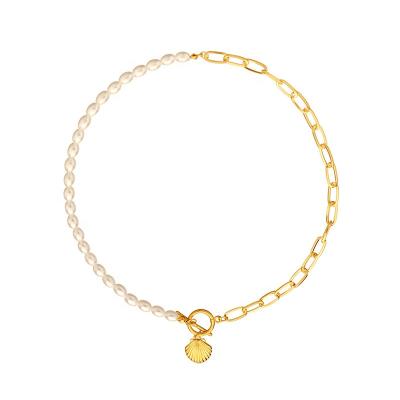 China FASHIONABLE 14K Gold Chain Shell Pendant On Necklace With Imitation Pearl Chain And Loop for sale