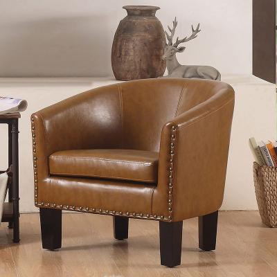 China Brown Leather Storage Mid Century Upholstered Round Lounge Hotel Armchair Vintage Tub Chair for sale