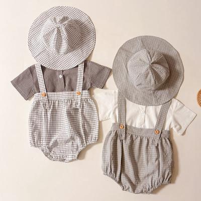 China Cozy Baby Clothes Boy Girls Overall Baby Jumpsuit Sets For Newborn Infant Solid T-shirt Ties Short Romper + Hat for sale