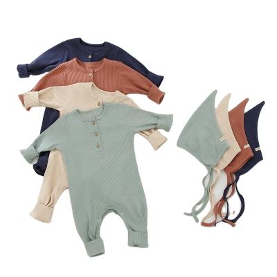 China Baby Clothes Spring Autumn Newborn Baby Girl Boy Comfortable Clothing Set Solid Color Long Sleeve Romper Hat Baby Outfits for sale