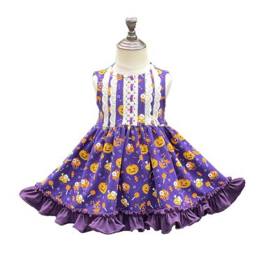 China JannyBB Boutique Kids Viable Halloween Purple Pumpkin Printed Dress + Purple Ruffle + Purple Sash for sale