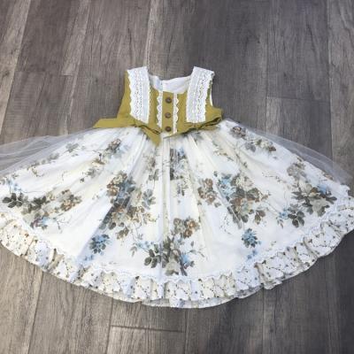 China Viable Mustard Printed Floral Dress For Girls Sleeveless Formal Dress For Kids for sale