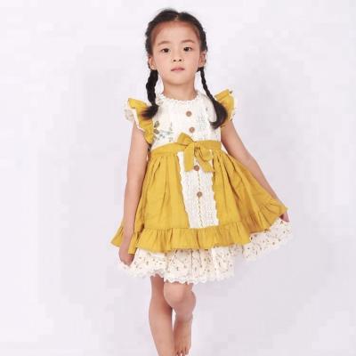 China Sustainable Boutique High Quality Dress For Kids Flower Print Mustard Dresses For Girls for sale