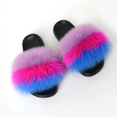 China Anti-odor 2021 Women's Premium Quality Soft Multicolor Raccoon Plush Rainbow Fur Slippers Fully for sale