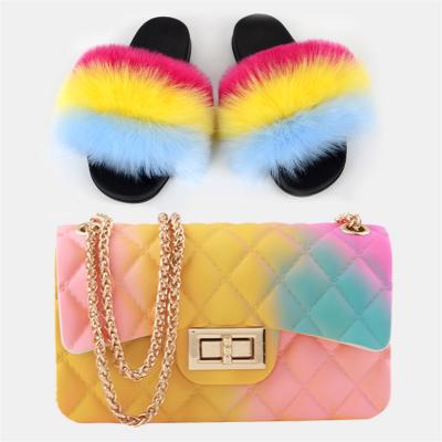 China Wholesale Cheap Price Anti-odor Female Indoor House Fur Slippers Fashion Fur Slides And Purse Set for sale