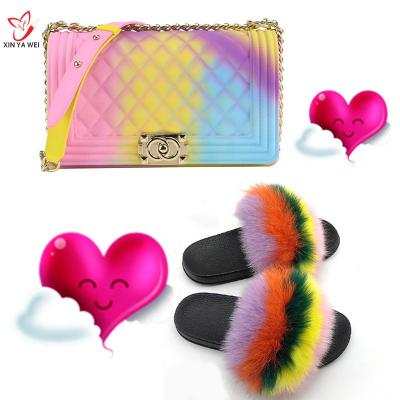 China Anti-odor 2022 New Listing Lovely Rainbow Fur Slippers Colorful Female Shoes Bag Set for sale