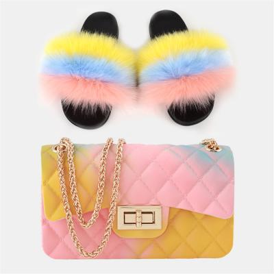 China Hot Selling Anti-Smell Women's Fox Large Fluffy Jelly Bags Fur Slide Set Rainbow Gripper for sale