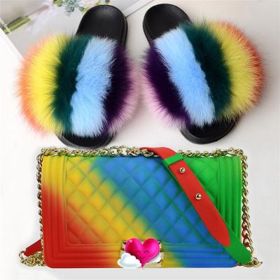 China Wholesale High Quality Anti-odor Lovely Multicolor Rainbow Jelly Bag Set And Fully Fur Slippers for sale