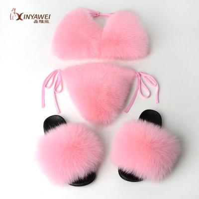 China Real Women Sexy Underwear Girls Fox Fur Slipper Set Breathable Hot Selling Bikini for sale