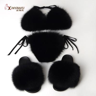 China New Ladies Real Fur Slides Bikini Top Swimwear Sexy Fox Fur Bikini Set Breathable Slippers Beach Wear for sale