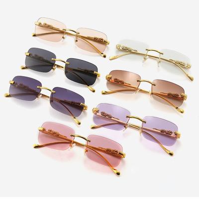 China Leopard Rectangle Panther Retro Vintage Gradient Women Anti Eyewear UV400 Rimless Shades Sunglasses for sale