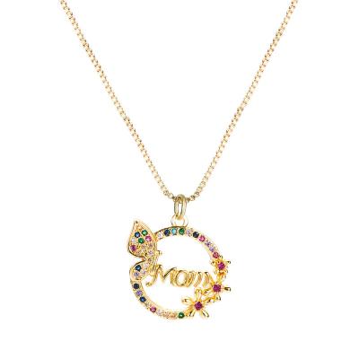 China Colorful Zircon Circle Butterfly Flower Edge Border Alphabet Word MOM Pendants Mothers Day Mothers Day Mom Necklace for sale