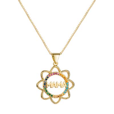 China Hollow MOM Sunflower CZ Zircon Rainbow Zircon Jewelry Flynee Mothers Day Pendant Gifts Environmentally Friendly Curb Necklace for sale