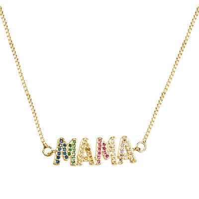 China Environmental Friendly Mothers Day Jewelry 18K Gold Plated Little MOM Iced Out Colorful Zircon Capital Letters Necklace for sale