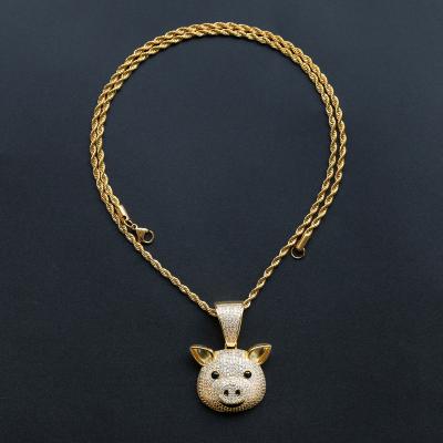 China Custom Hiphop 18K Gold Color Necklace Jewelry Micro Pave Full Zircon 5A Hip Hop Pig Animal Ice Dangle For Women Men for sale