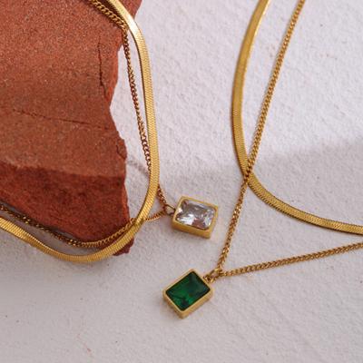 China Non Tarnish Women Stainless Steel Jewelry Double Layer 18K Gold Snake Chain Choker Mini Dainty Square Diamond Crystal Pendant Necklaces for sale