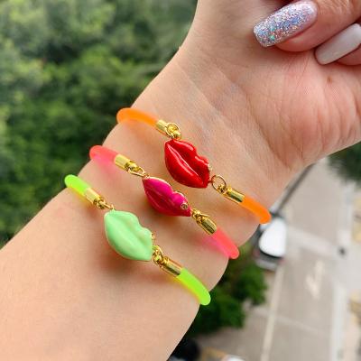 China TRENDY Fashion 18K Gold Plated Various Color Enamel Metal Charms Bracelets And Bangles Summer Colorful Red Lips Charm Bracelet For Women for sale