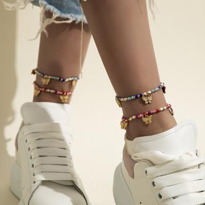 China Women Foot Jewelry Flynee Body Beach Foot Jewelry Fashion Summer Seed Beads Butterfly Anklets Women Red Blue Color Beaded Anklet Chain Stretching Anklets for sale