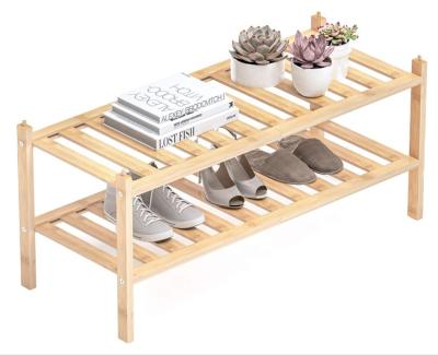 China (Size) Adjustable Natural Bamboo Stackable Shoe Shelf Shoe Storage Organizer 2 Tier Shoe Rack for sale