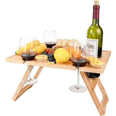 China Modern portable foldable bamboo wine picnic table snack table with wine bottle and glass holder, easy to carry, suitable for family image for sale