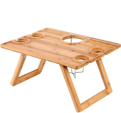 China Modern portable foldable bamboo wine picnic table snack table with wine bottle and glass holder, easy to carry, suitable for family image for sale