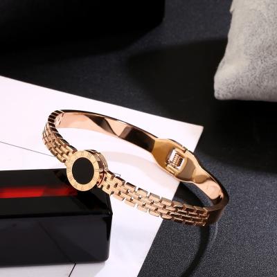 China Trendy Luxury Famous Bangle Roman Numbers Black Shell Bangle Quality Zircons Stainless Steel Bracelet With Screws Women Jewelry Gift for sale