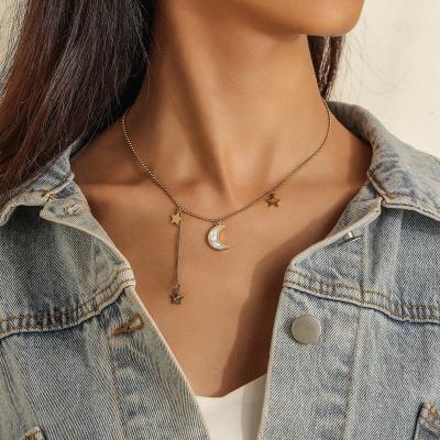 China Environmentally Friendly Stainless Steel Five-pointed Star Moon Inlaid Deep Sea Mother Shell Necklace Fashion Simple Titanium Steel Clavicle Chain Access for sale