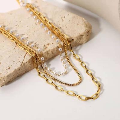 China Luxury TRENDY Anti-allergy Stainless Steel Freshwater Pearl Pendant Necklace Women 18K Gold Plated Triple Chains Necklace Jewelry for sale