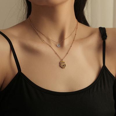 China New Style Stainless Steel Double Owl Necklace Zircon Titanium Pendant Fashion Environmental Friendly Gold Plated Clavicle Chain Steel Accessories for sale