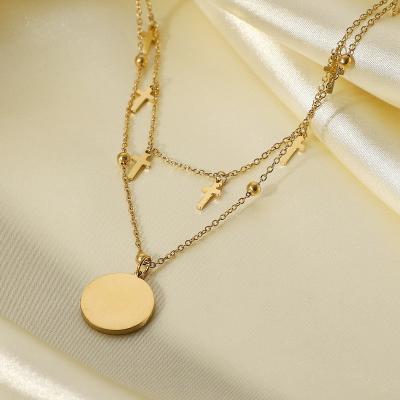 China FASHIONABLE Pendant Necklace Women Double Layer Fringe Disc Fringe Cross Necklace 14K Stainless Steel High Quality Party Gift Party for sale