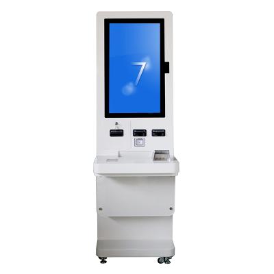 China Indoor Payment Solution Kiosk 32 Inch Floor Standing Capacitive Touch Screen Card Dispenser Thermal Printer QR Code Reader Self Service Ticket Kiosk Machine for sale