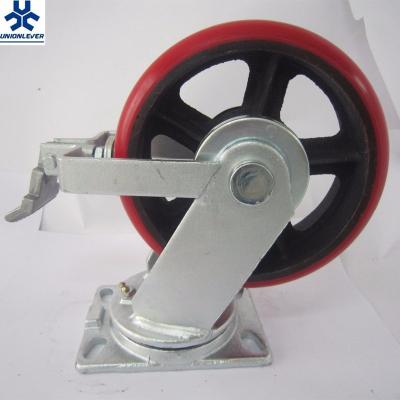 China Hot Sale 8 Inch 200mm PIVOT PU Brake Red Caster Wheel Industrial Heavy Duty Cast Caster Caster Wheel With Ball Bearing for sale