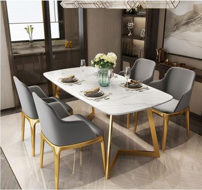 China Adjustable Modern Luxury Dining Room Furniture Stainless Steel 6 Seater (Other) Gold Ceramic Marble Dining Table Set for sale