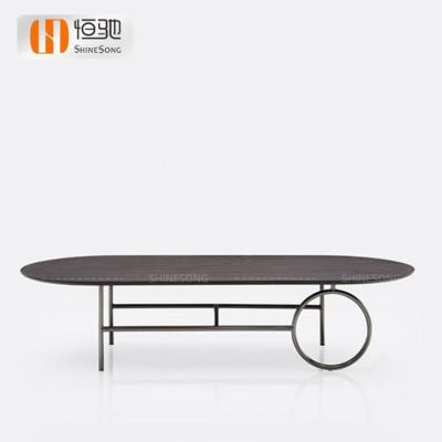 China Hot Sales Tea Table Hotel Lobby Stainless Steel Decorative Oval Single Leg Furniture Coffee Table MDF Wood Top Tea Table for sale