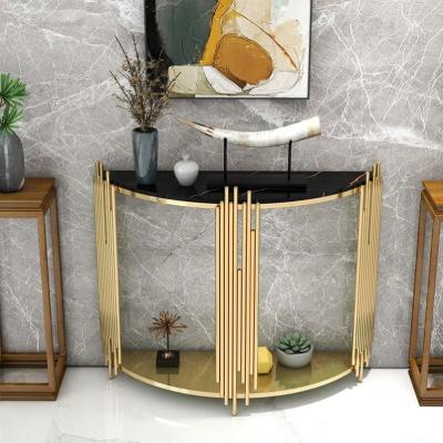 China Hot Sale Modern Hotel Stainless Steel Luxury Gold Marble Top Glass Console Table for sale