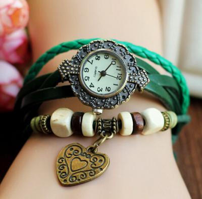 China Love Heart Shape Charms Braided Leather Ladies Quartz Bracelet Watch China Movement for sale