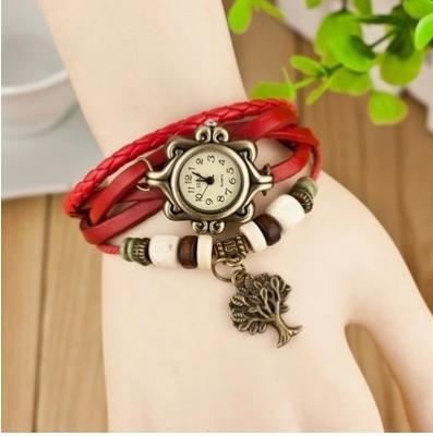 China Multicolor Retro Bronze Case Tree Pendant Leather Wrap Bracelet Watch For Girls 21CM for sale