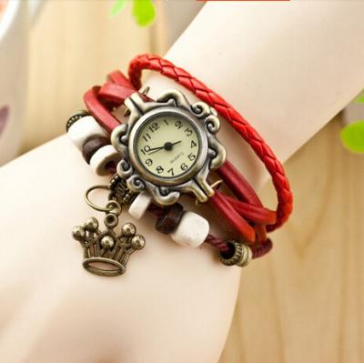 China Long String Strap Ladies Quartz Watches / Leather Bracelet Watch With Crown Charm for sale