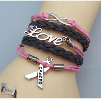 China Metal Charm Breast Cancer Jewelry Bracelets , Black Braided Leather Bracelet for sale