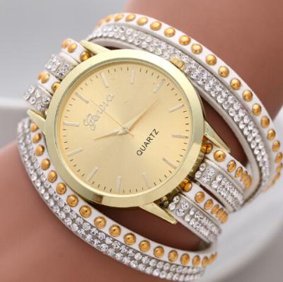 China Korea Rope Braided Leather Geneva Flower Watch Gold Face , Geneva Wrap Watch for sale