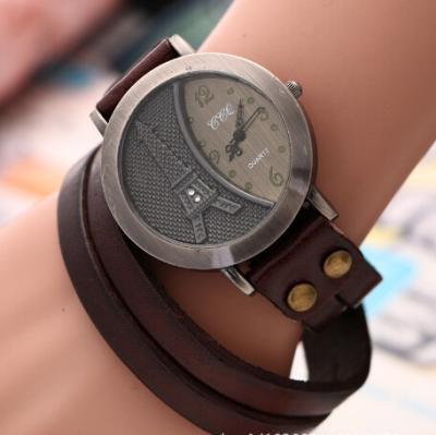 China Vintage Eiffel Tower Long thick Leather Strap Watches For Men With Bronze Case for sale