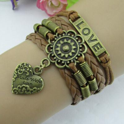 China Retro Love Men Leather Breast Cancer Bracelet Bronze Heart Handmade for sale