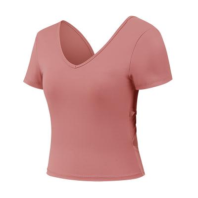 China 2022 New Style Yoga Sportswear T-shirt Women's Short Sleeve Tight Cross Backless Sports Fitness Breathable Quick Dry Clothing for sale