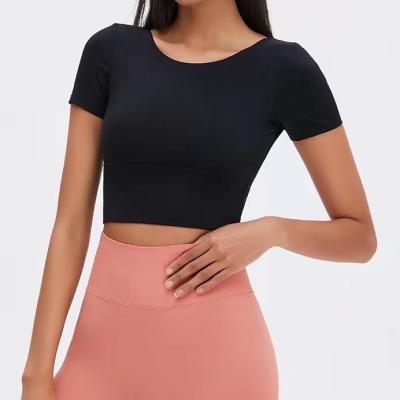 China New Women Yoga Shorts Cross Belt Sleeve High Elastic Fitness Yoga Wear Breathable Slim Backless Sexy Sports T-shirt for sale