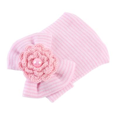 China Soft Cute Striped Infant Hospital Baby Girl Knot Knit Nursery Beanie Hat Cap With Big Bow for sale